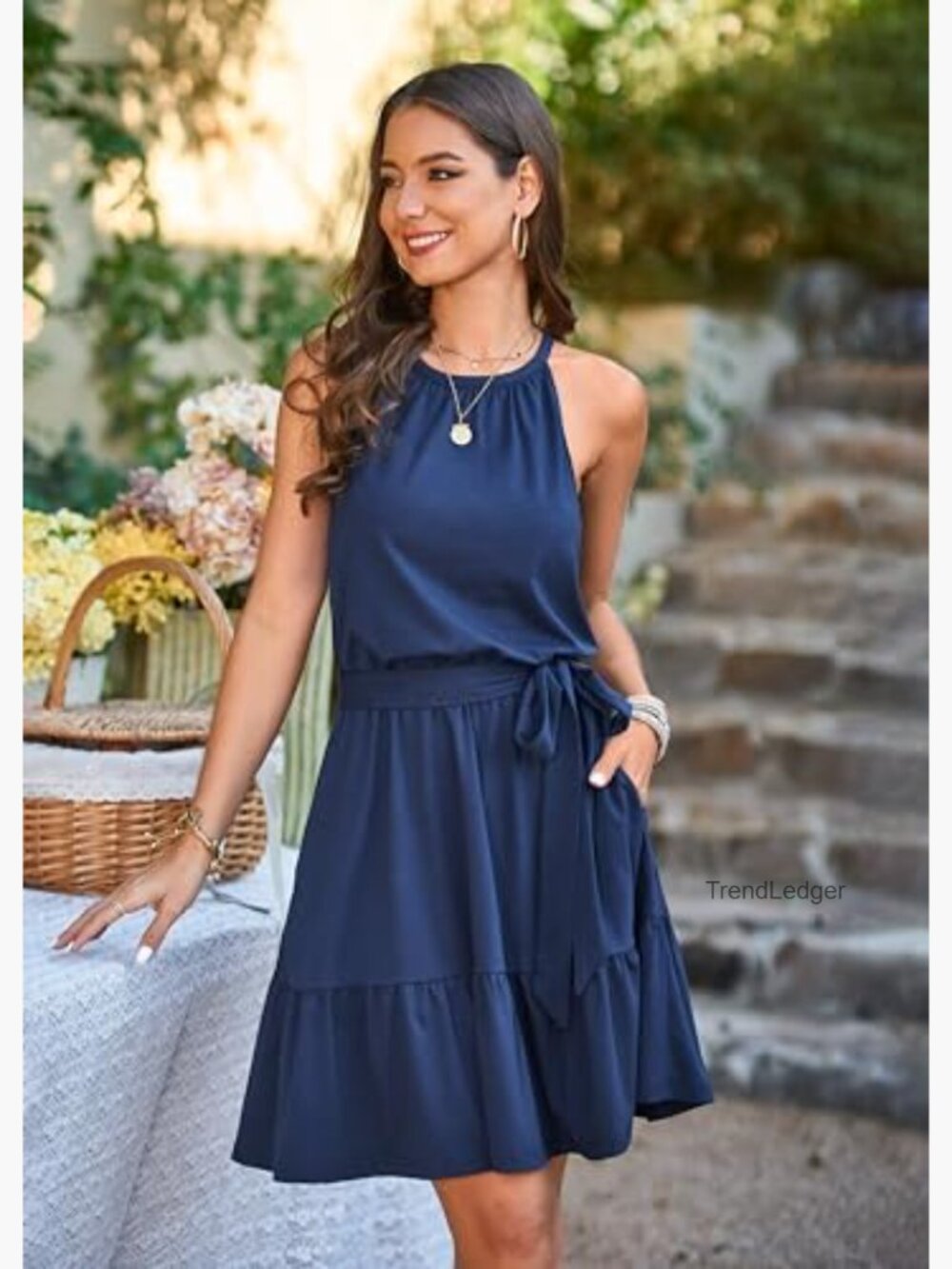 Halter Sundress with Pockets, Belted A-Line, Ruffle Hem, Keyhole Back - Picture 2 of 7